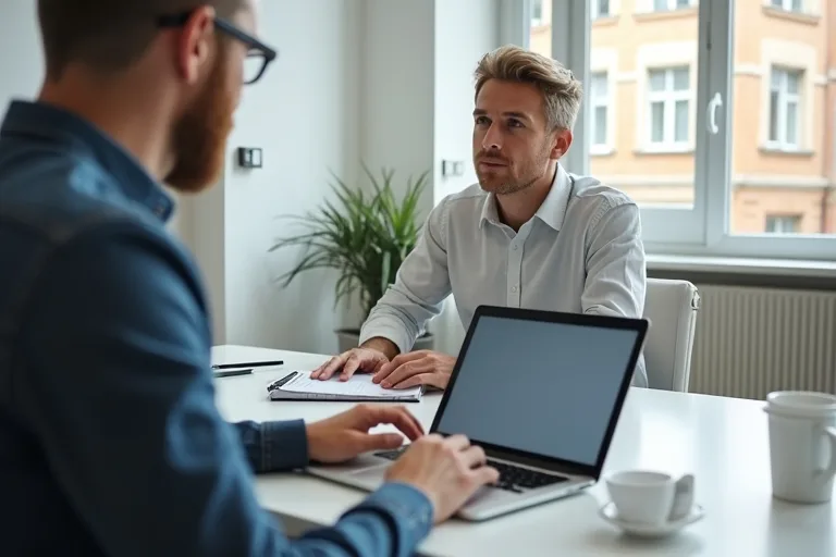 Man skriver ett uppföljningsmail efter intervju vid en laptop på ett kontor
