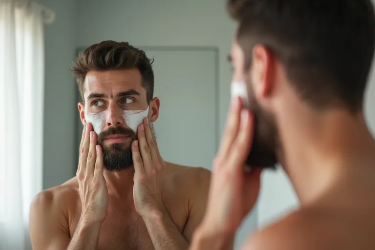 En man som applicerar aftershave balm i badrummet efter rakning