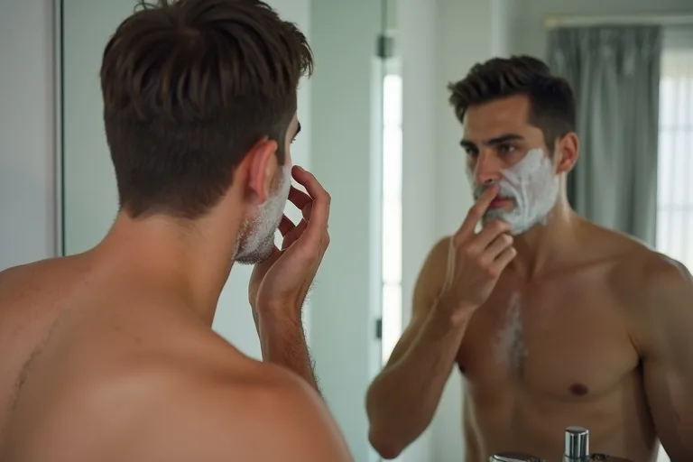 Mild aftershave balm och rakningsprodukter i ett rent badrum