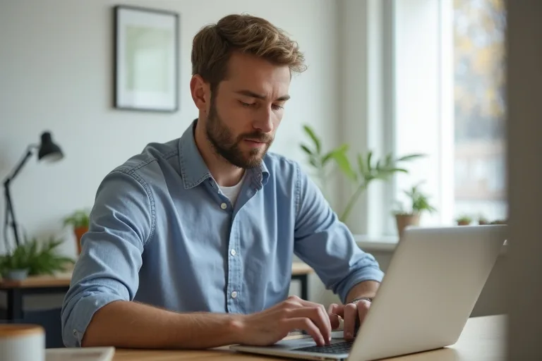 Man skriver ett kort uppföljningsmail efter intervju med lugn och professionell ton