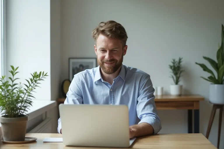 Man skriver ett uppföljningsmail efter intervju vid en laptop i en lugn arbetsmiljö