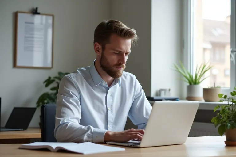 Man förbereder ett uppföljningsmail efter intervju i ett lugnt hemmakontor
