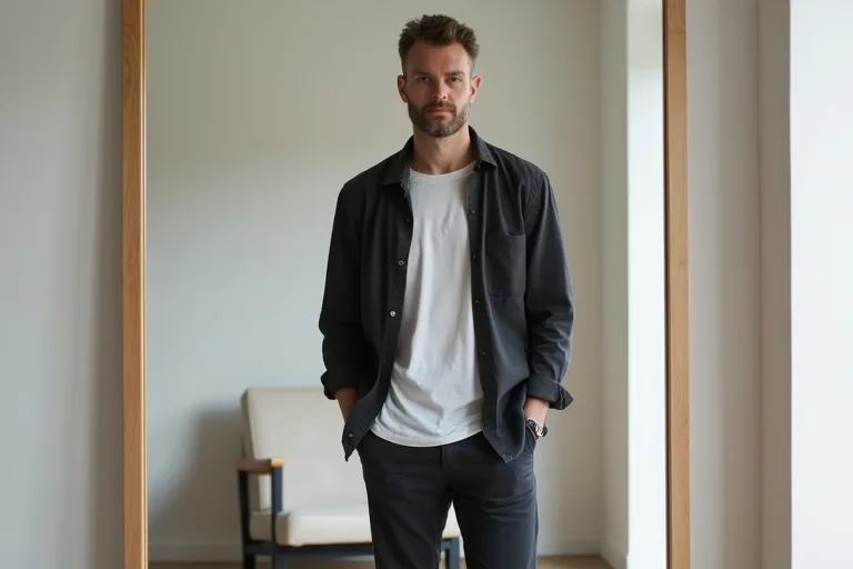 Man som provar en overshirt med rätt balans i passform och lager