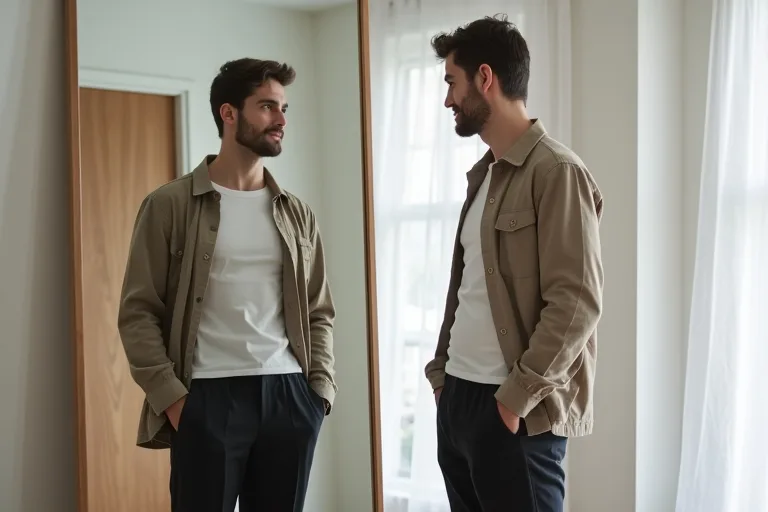 Man som provar en overshirt framför spegeln i en vardaglig miljö