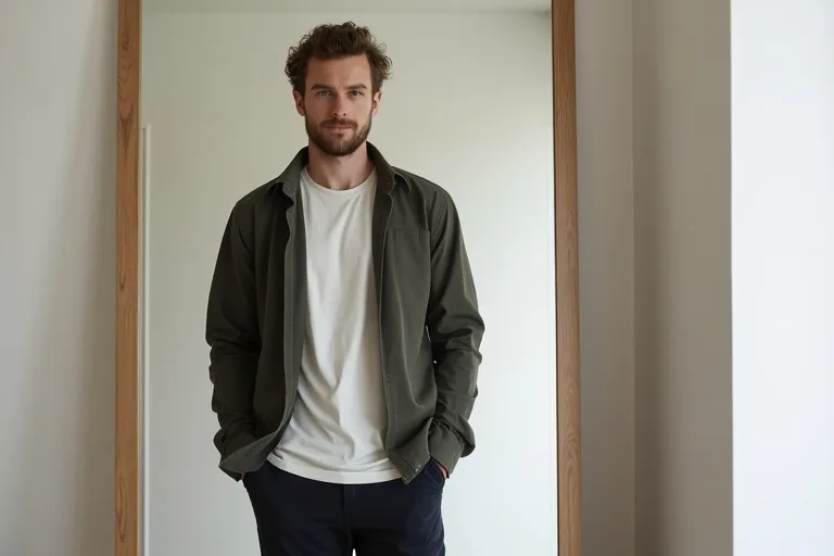 Man i overshirt som bygger ett avslappnat vardagslager över t-shirt