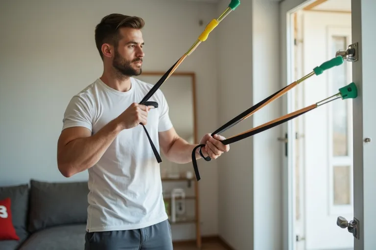 Man som gör enkel hemmaträning med motståndsband i lugn vardagsrumsmiljö