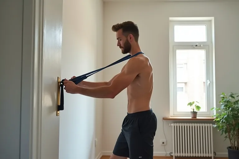 Man som tränar hemma med motståndsband i en enkel och modern vardagsrumsmiljö