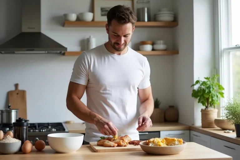 Proteinintag för män: checklista steg för steg 4 En man väljer enkla proteinrika råvaror för vardagsmåltider i köket
