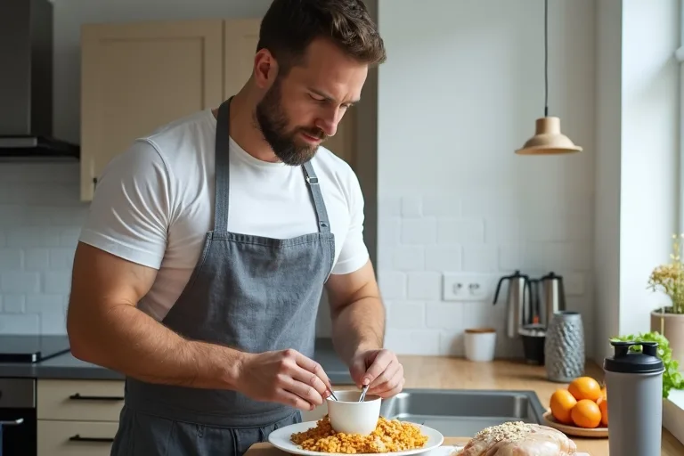 Proteinintag för män: checklista steg för steg 2 En man planerar sitt proteinintag vid ett köksbord med enkel vardagsmat