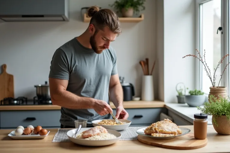 Proteinintag för män: checklista steg för steg 3 Proteinrik vardagsmat uppdelad över dagen med ägg, skyr och bröd