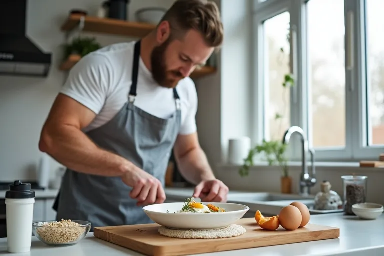 En man förbereder en enkel proteinrik måltid i köket efter träning
