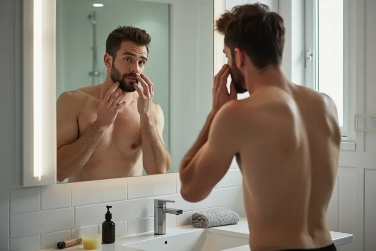 Man som rakar sig försiktigt vid spegeln med lugna drag för att undvika irritation