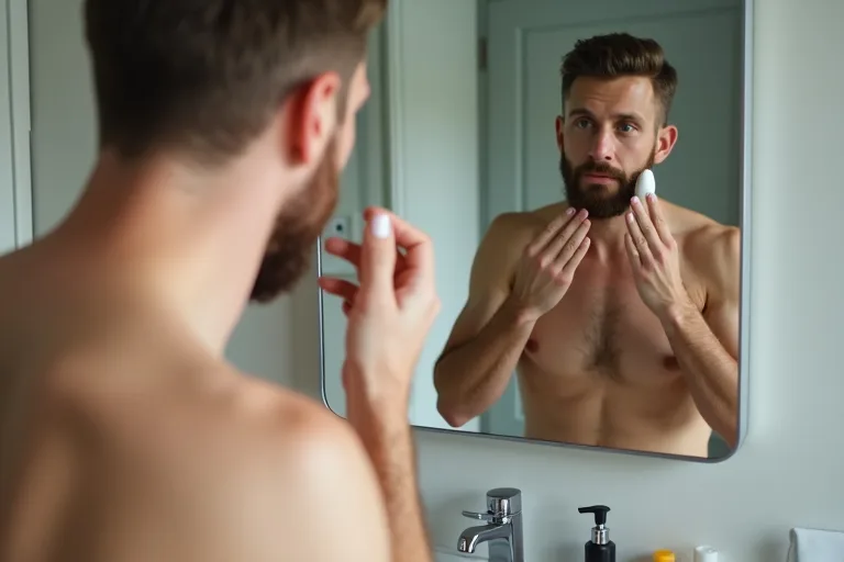 Närobild av rakad hud och aftershave-rutin i badrumsmiljö