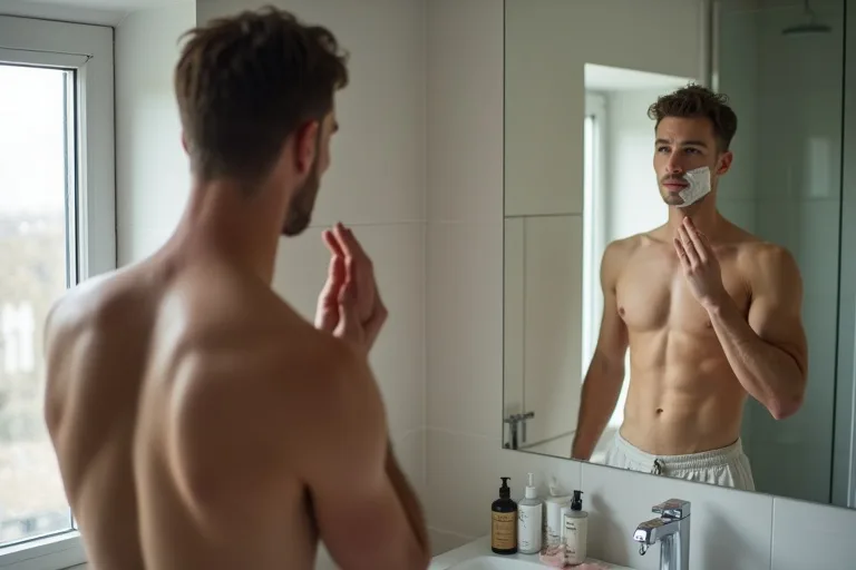 Man som förbereder aftershave och rakvård vid handfatet