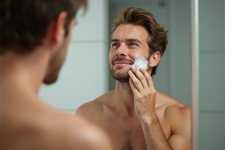 Man applicerar after shave balm i badrummet efter rakning för att lugna känslig hud