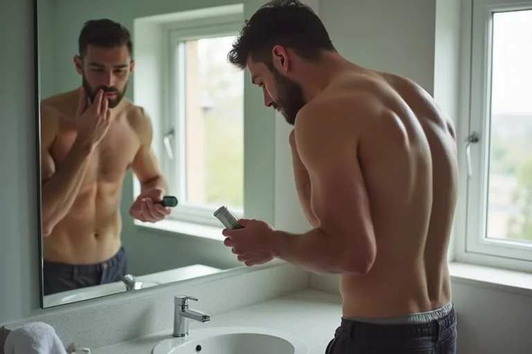 Nära bild av rakningsförberedelser med verktyg och skäggtrimmer vid badrumshandfat