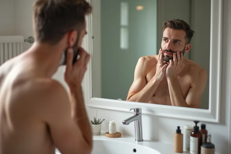 Man applicerar aftershave efter rakning framför badrumsspegeln