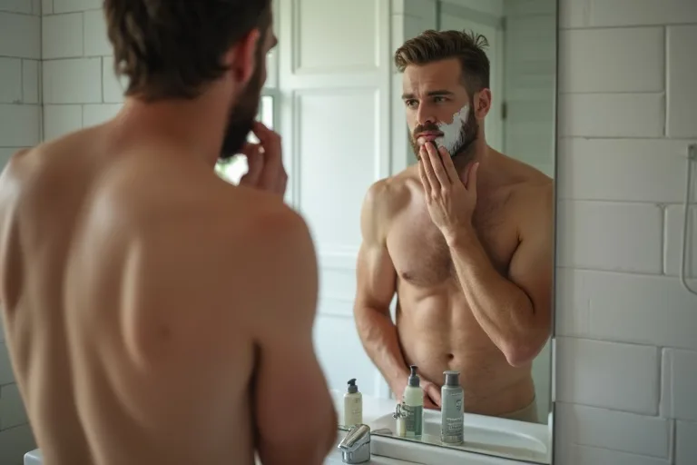 Rakverktyg och aftershave produkter på badrumshylla för lugnare rakning