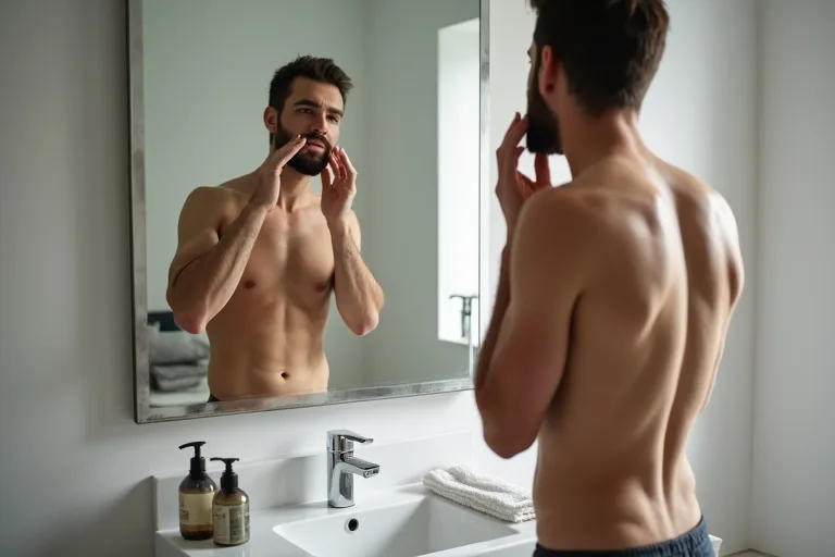 Man som applicerar after shave balm i badrummet efter rakning för att minska irritation