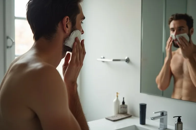 Man som väljer mellan olika aftershave-typer efter rakning