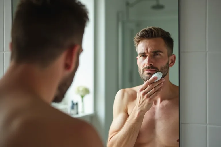 Man applicerar en mild balm efter rakning för att dämpa rodnad
