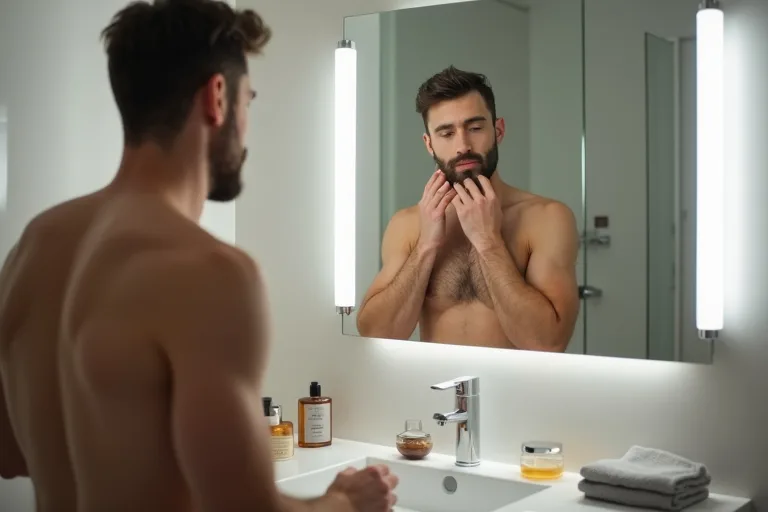 Man som förbereder huden vid handfatet före rakning i en enkel morgonrutin