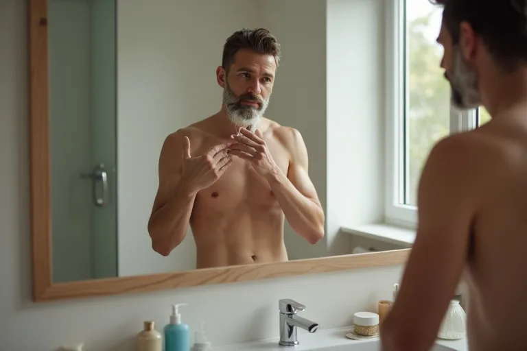 Man håller en aftershave-produkt i badrummet efter rakning