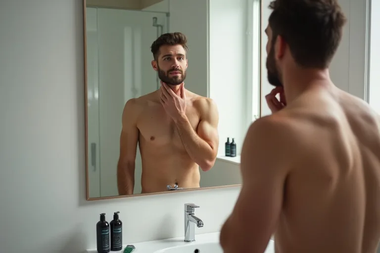 Man som förbereder huden före rakning med lugn, enkel rutin i badrum