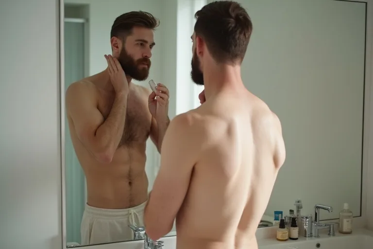 Man med känslig hud som applicerar lugnande after shave balm efter rakning i badrumsspegeln