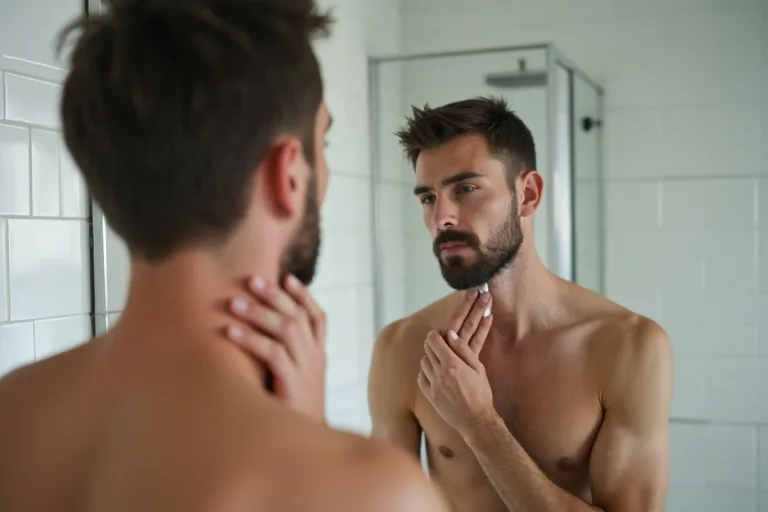 Man förbereder huden inför rakning i ett enkelt badrum med fokus på lugn rutin