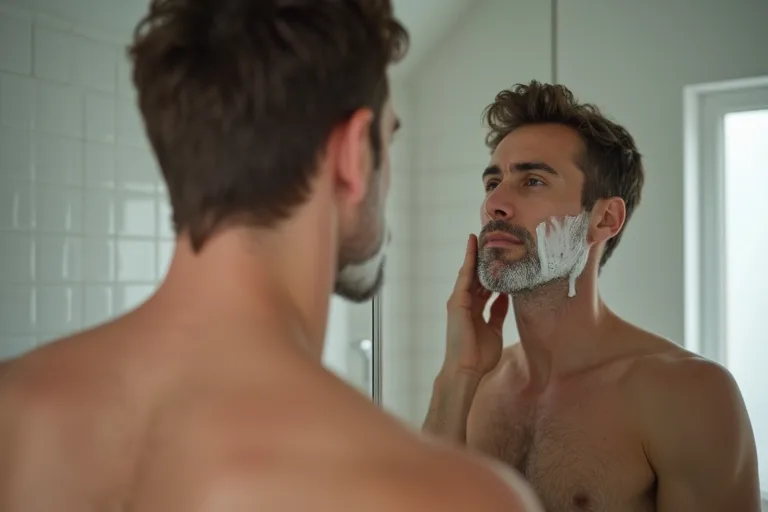 Närbild av rakning som visar lugna drag och skonsam teknik mot halsen