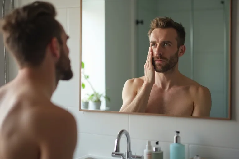 Man med känslig hud efter rakning i ett badrum framför spegeln