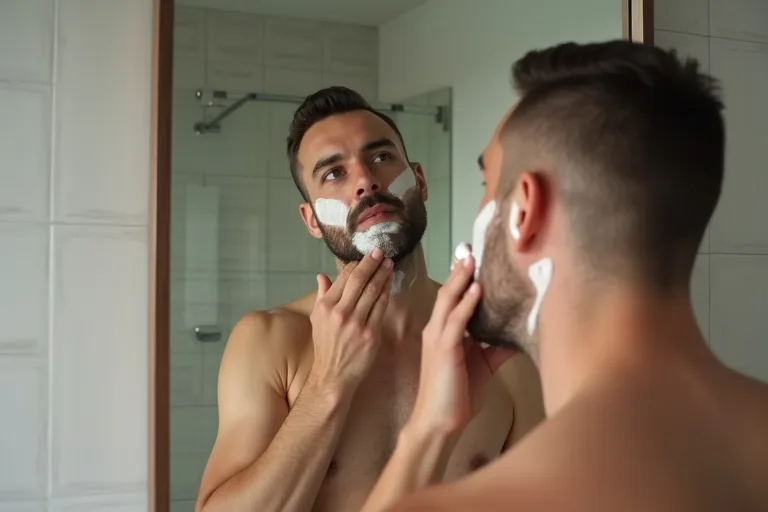 Man smörjer in lugnande after shave balm efter rakning i badrummet