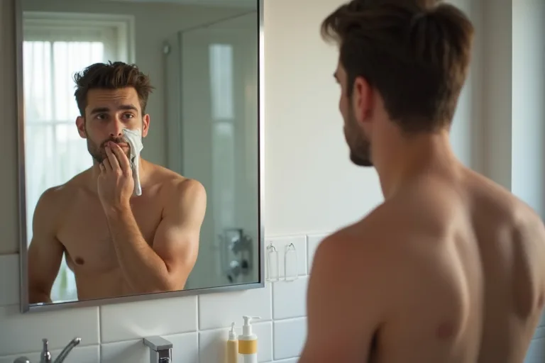 Närbild av en man som förbereder rakning med fokus på ren och mjuk hud.