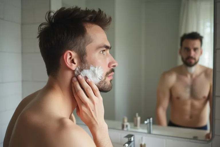 En man i badrummet som inspekterar huden efter rakning och använder lugnande hudvård.