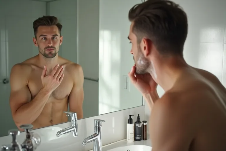 En man som förbereder rakningen vid handfatet med enkla badrumprodukter.