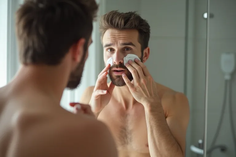 Man applicerar after shave balm lugnt efter rakning för att minska rodnad