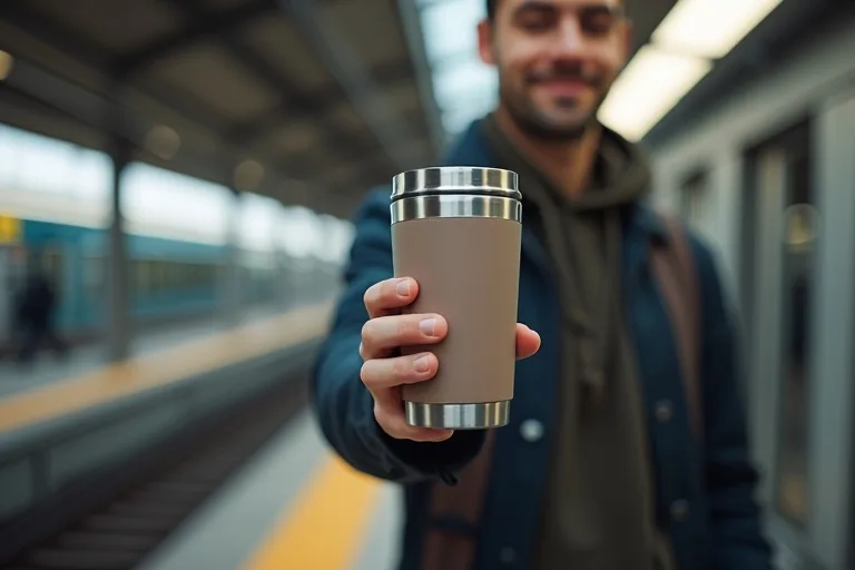 Närbild av en resemugg som visar lock, öppning och praktisk form