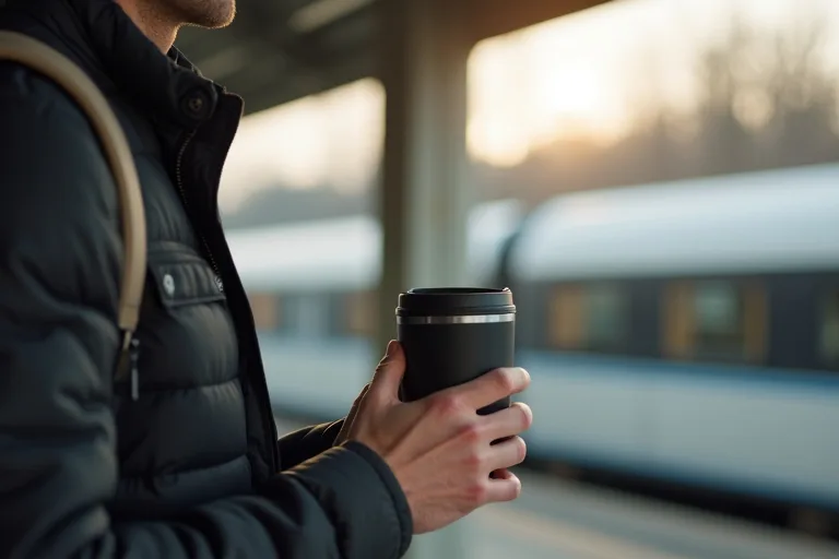 Man som använder en travel mug i vardagen under pendling