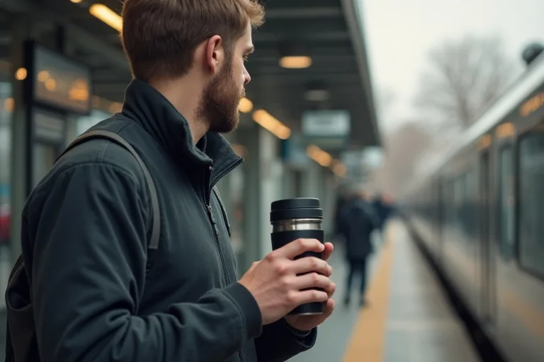 Morgonpendling där en travel mug används tillsammans med vardagsutrustning