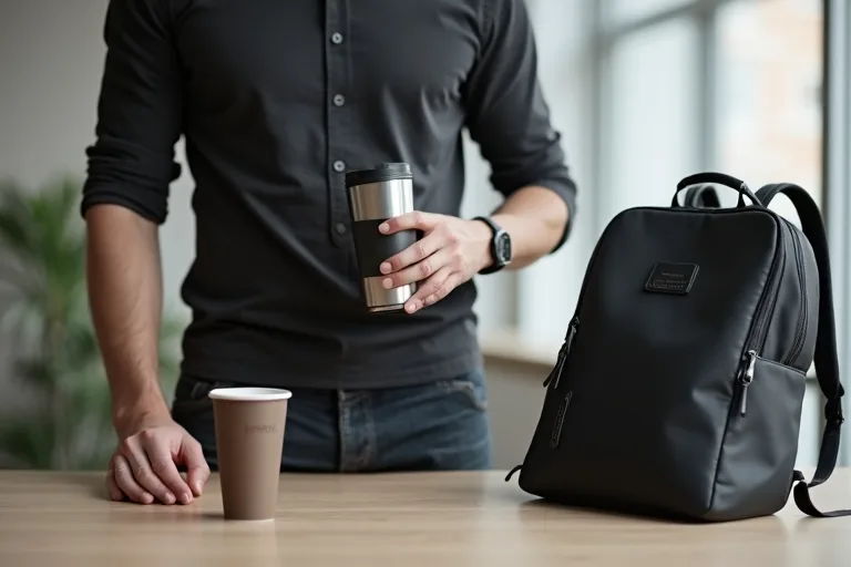 Travel mug på ett rent bord i en vardaglig kontorsmiljö