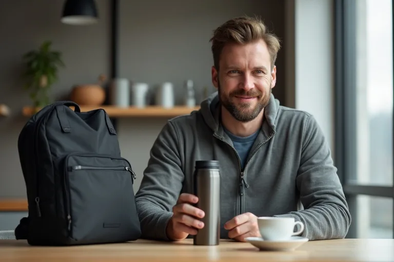 Man med travel mug i en vardaglig pendlingsmiljö