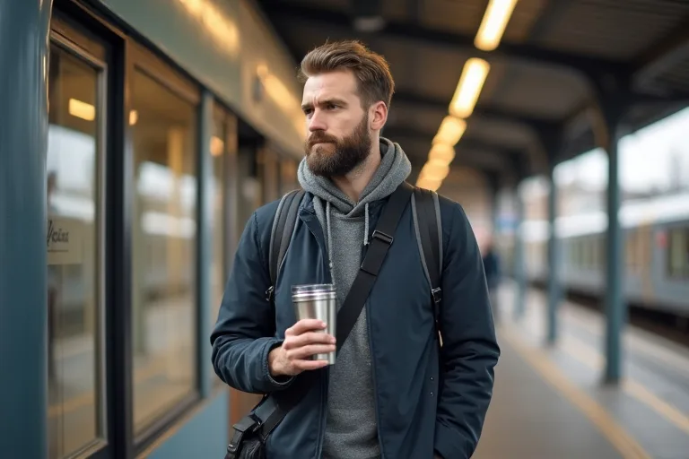 En rostfri travel mug används i en vanlig svensk morgonmiljö