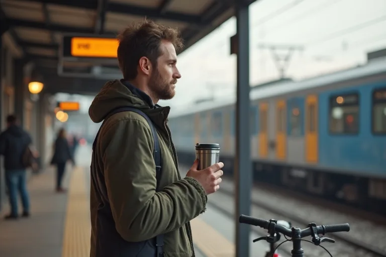 Travel mug för kaffe på väg i en praktisk vardagssituation