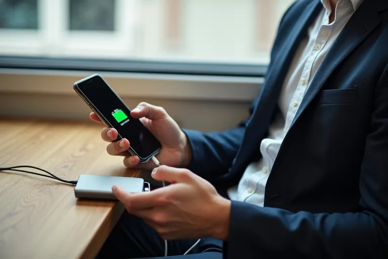 Powerbank och mobil på ett kafé i en vardaglig användning