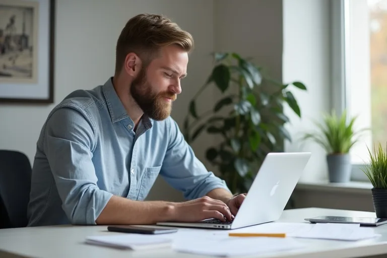 En man förbereder referenser och jobbansökan vid ett skrivbord hemma