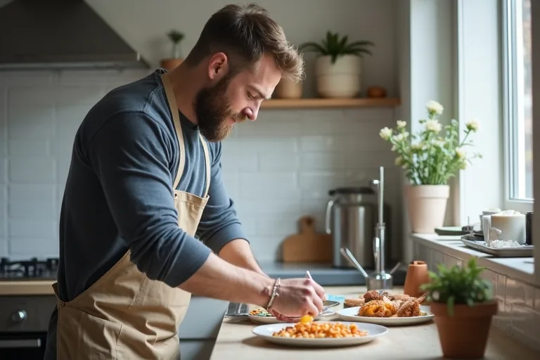En man lägger upp vardagsmat med protein på tallriken i köket.