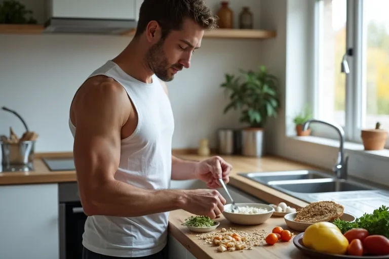 En man förbereder en enkel proteinrik måltid i köket