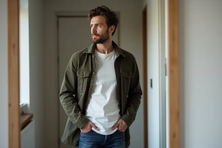 Overshirt i vardagsmiljö där passform och material bedöms i naturligt ljus.