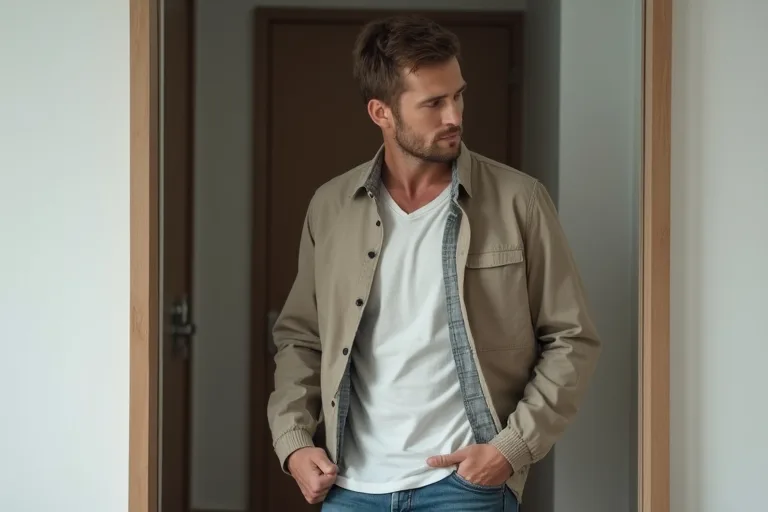 Man provar en overshirt framför spegeln och bedömer passform och lager.